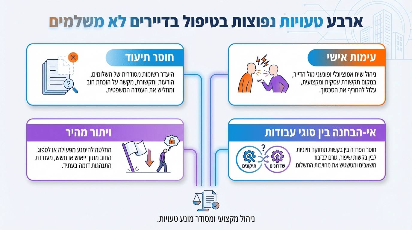 איור המציג טעויות נפוצות של ועדי בית בטיפול בסרבני תשלום